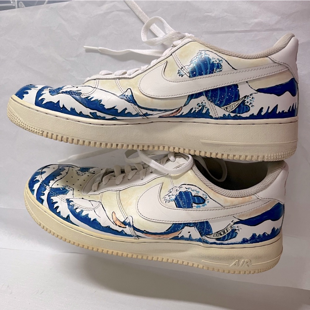 Nike Air White and Blue Ocean Waves Great Wave Custom Drawn Sneakers - Picture 7 of 14